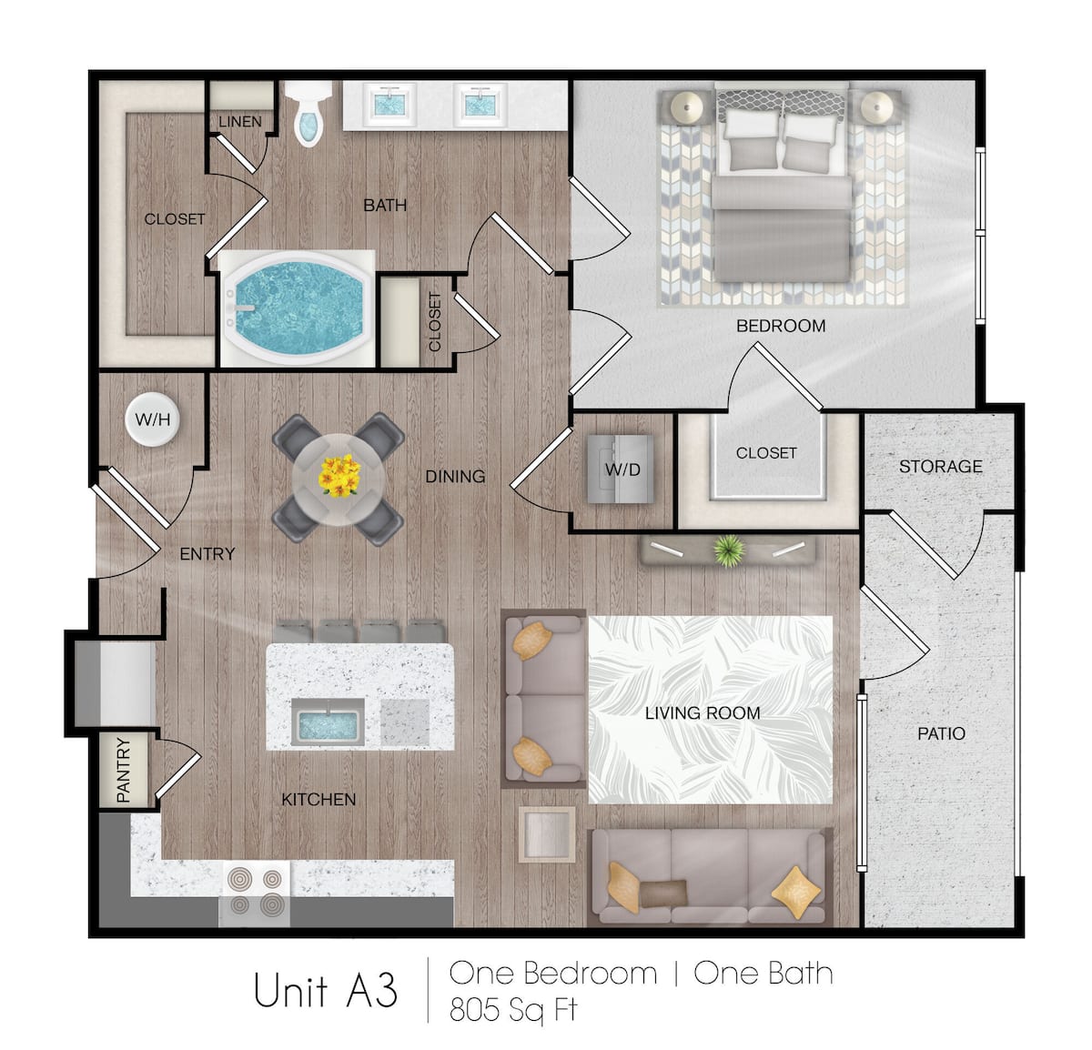 Floorplan diagram for A3, showing 1 bedroom