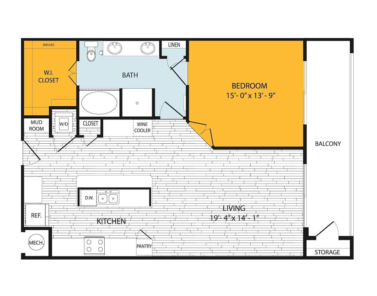 Floorplan diagram for A14, showing 1 bedroom