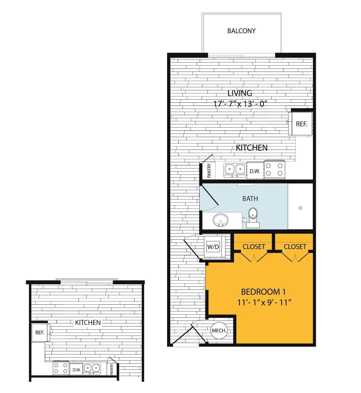 Floorplan diagram for A1A, showing 1 bedroom