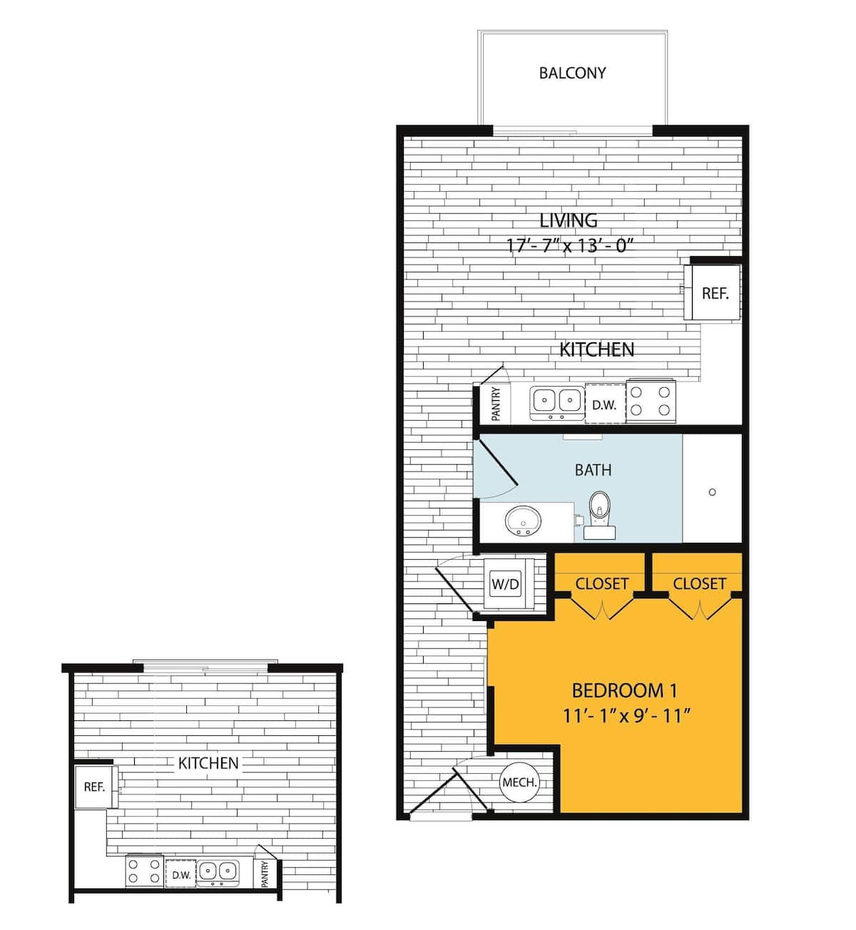 Floorplan diagram for A1A, showing 1 bedroom