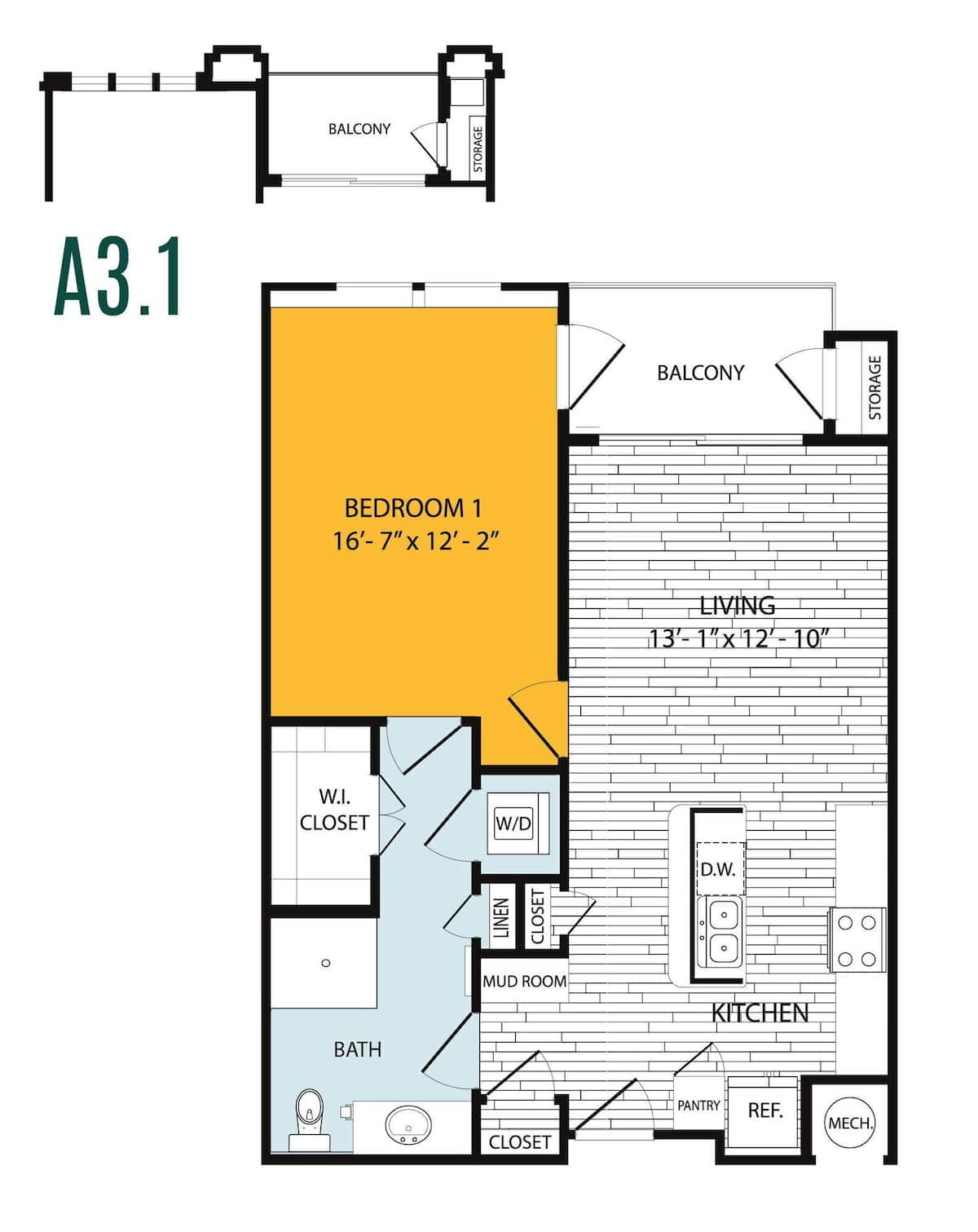 Floorplan diagram for A3, showing 1 bedroom