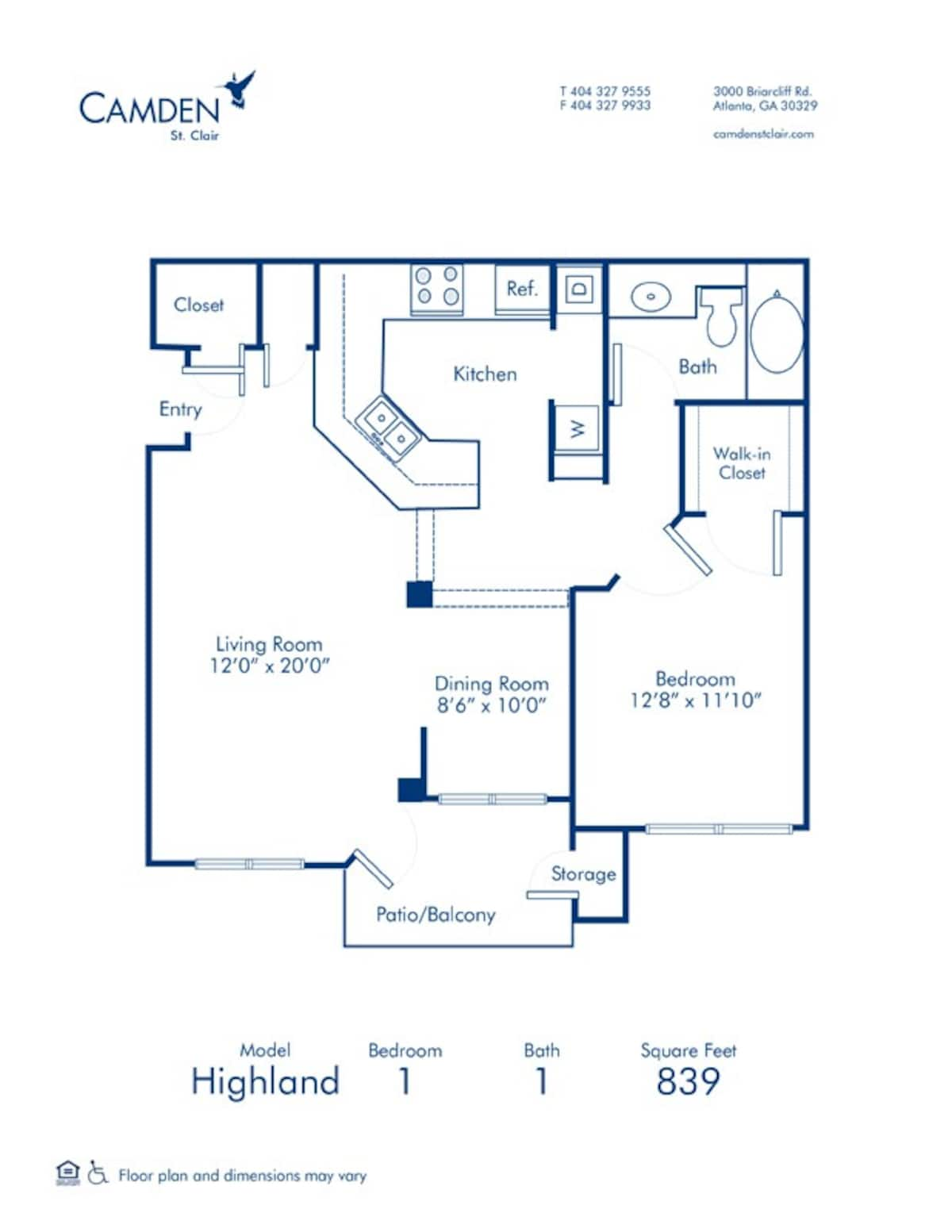 Floorplan diagram for Highland, showing 1 bedroom