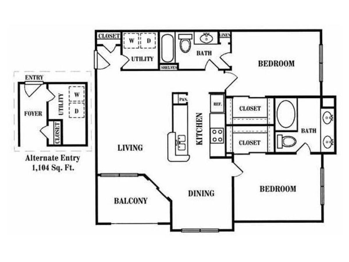 Floorplan diagram for D 2X2, showing 2 bedroom