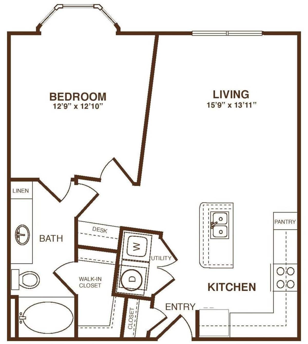 Floorplan diagram for The Meridian, showing 1 bedroom