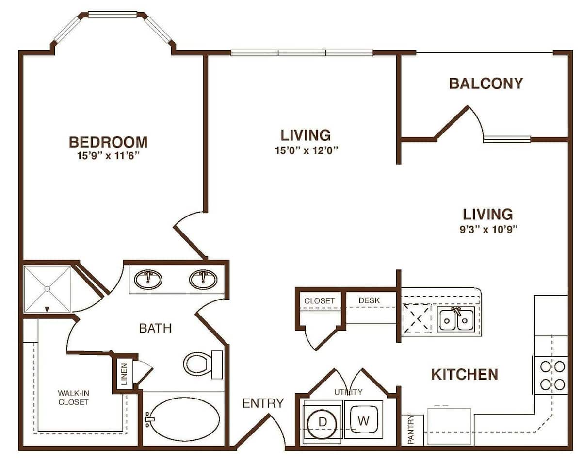 Floorplan diagram for The Dorchester, showing 1 bedroom