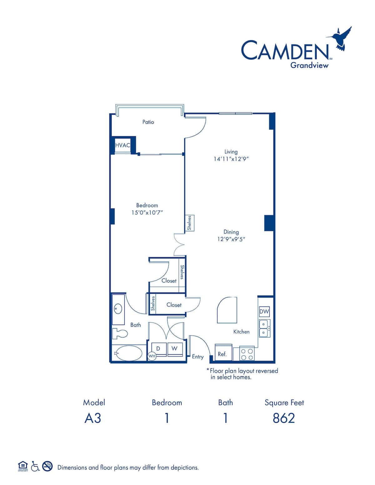 Floorplan diagram for A3, showing 1 bedroom