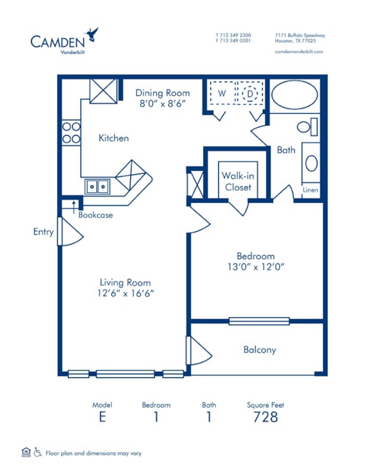 Floorplan diagram for E, showing 1 bedroom
