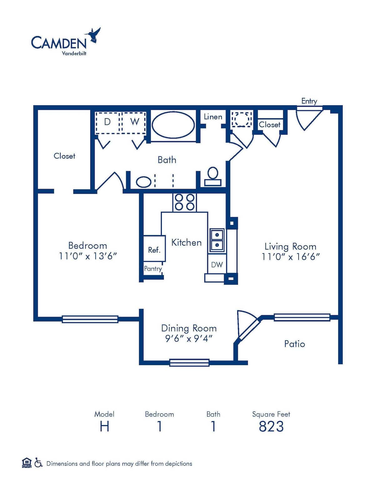 Floorplan diagram for H, showing 1 bedroom