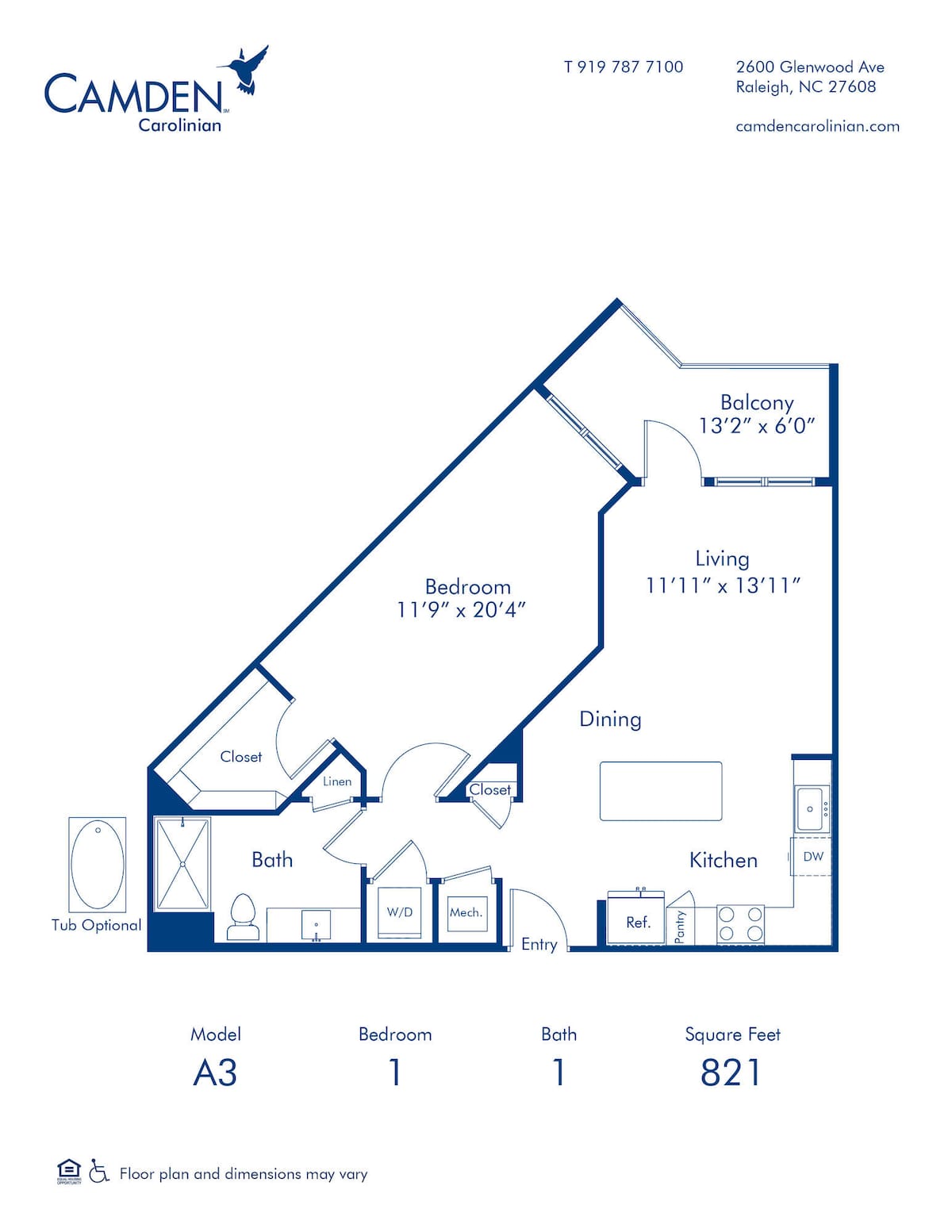 Floorplan diagram for A3, showing 1 bedroom
