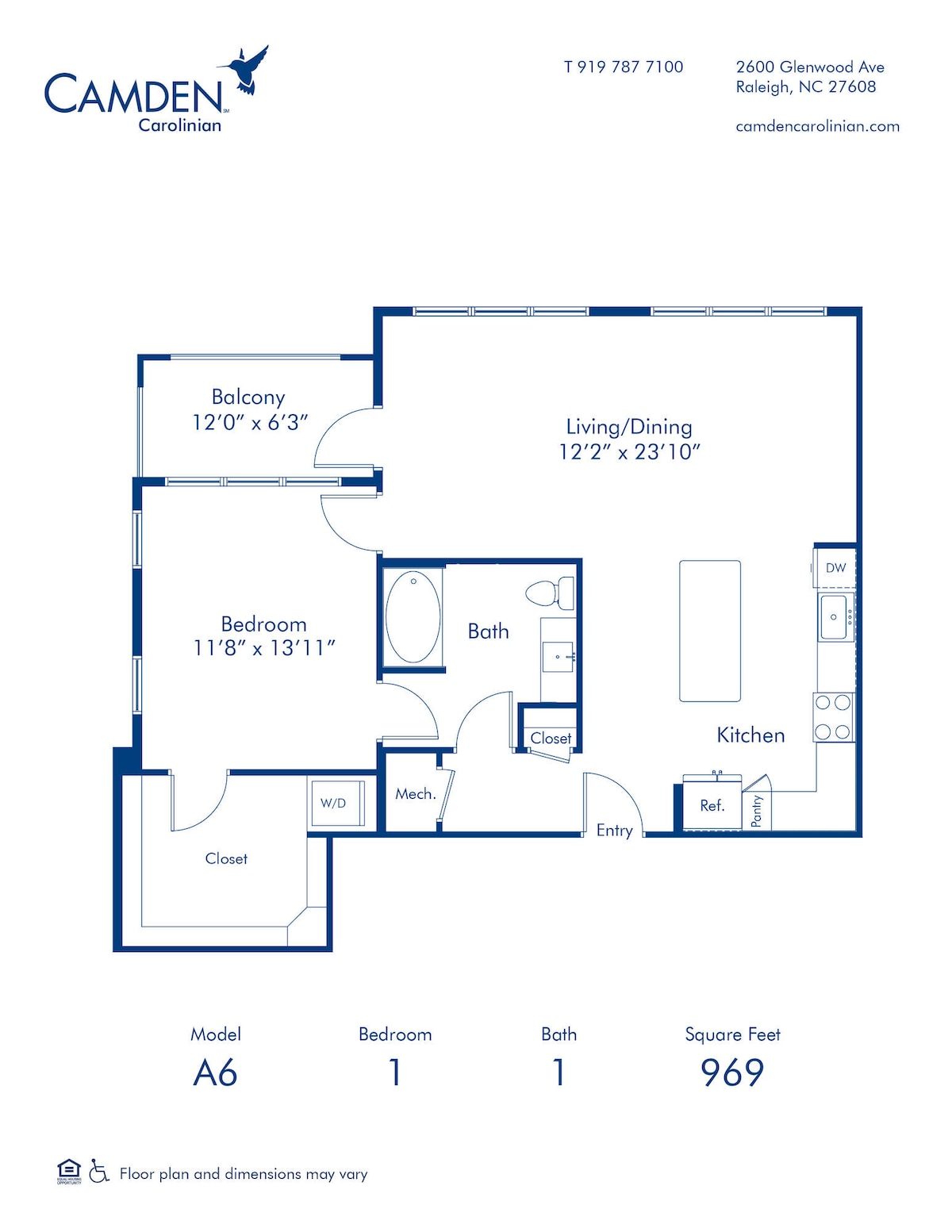 Floorplan diagram for A6, showing 1 bedroom