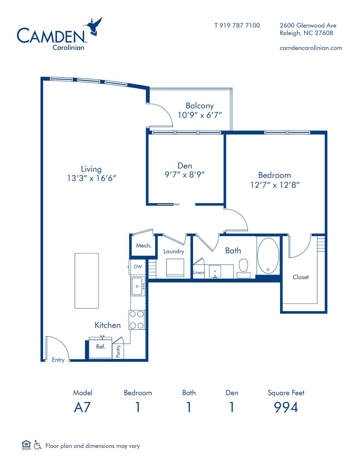 Floorplan diagram for A7, showing 1 bedroom