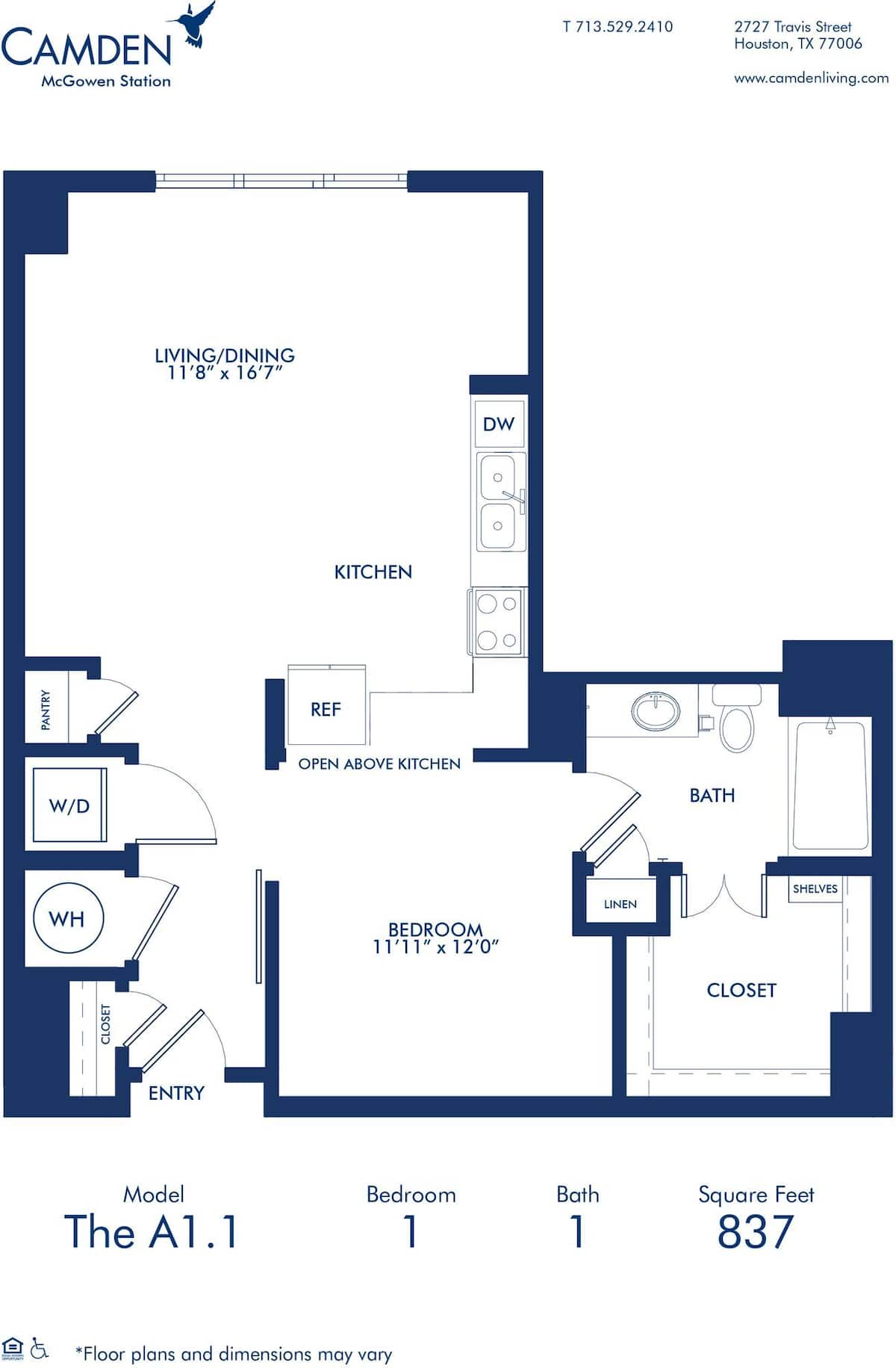 Floorplan diagram for A1.1, showing 1 bedroom