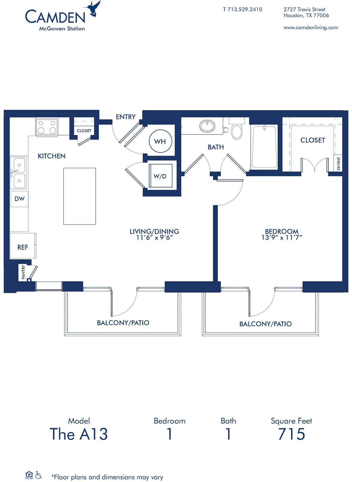 Floorplan diagram for A13, showing 1 bedroom