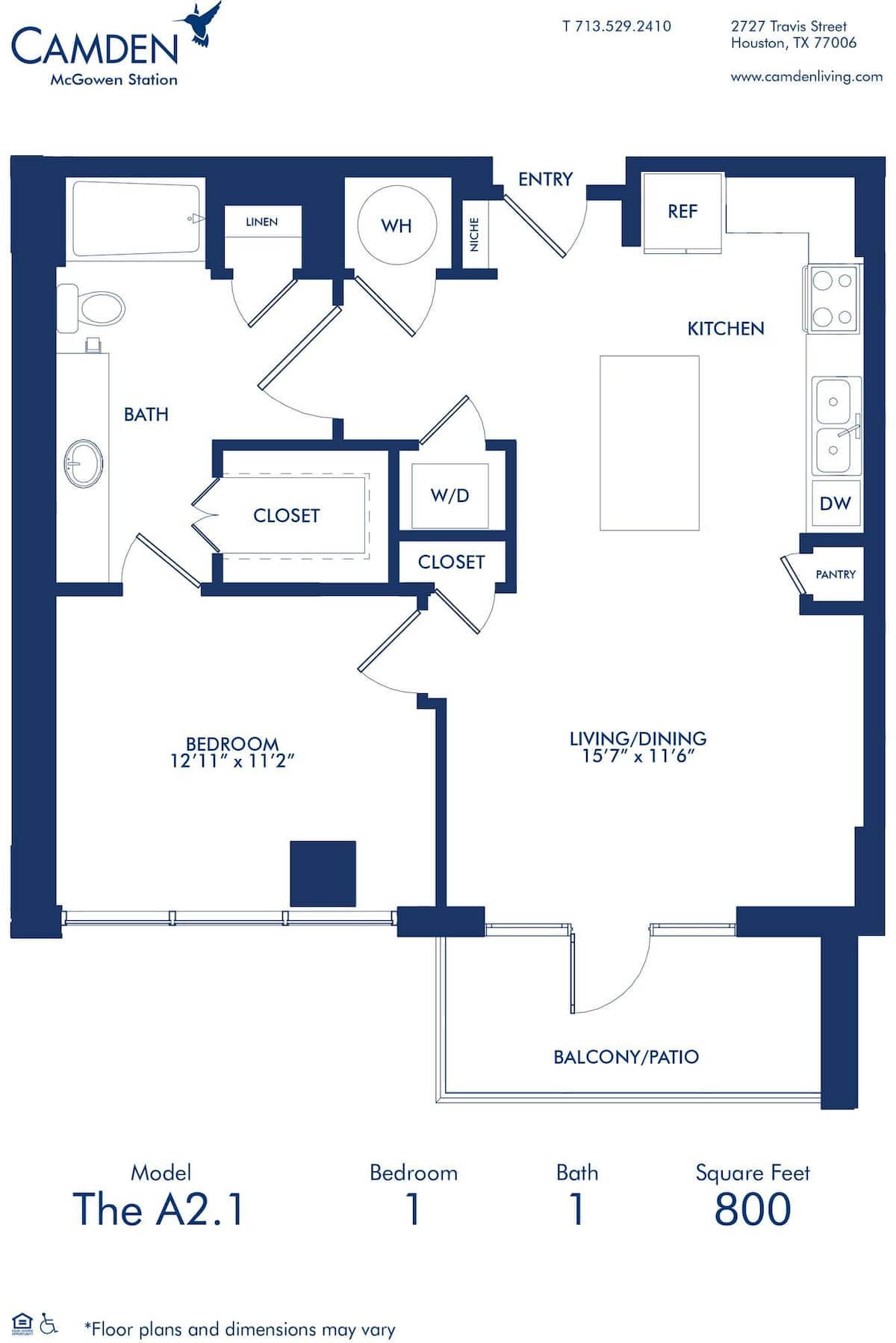 Floorplan diagram for A2.1, showing 1 bedroom