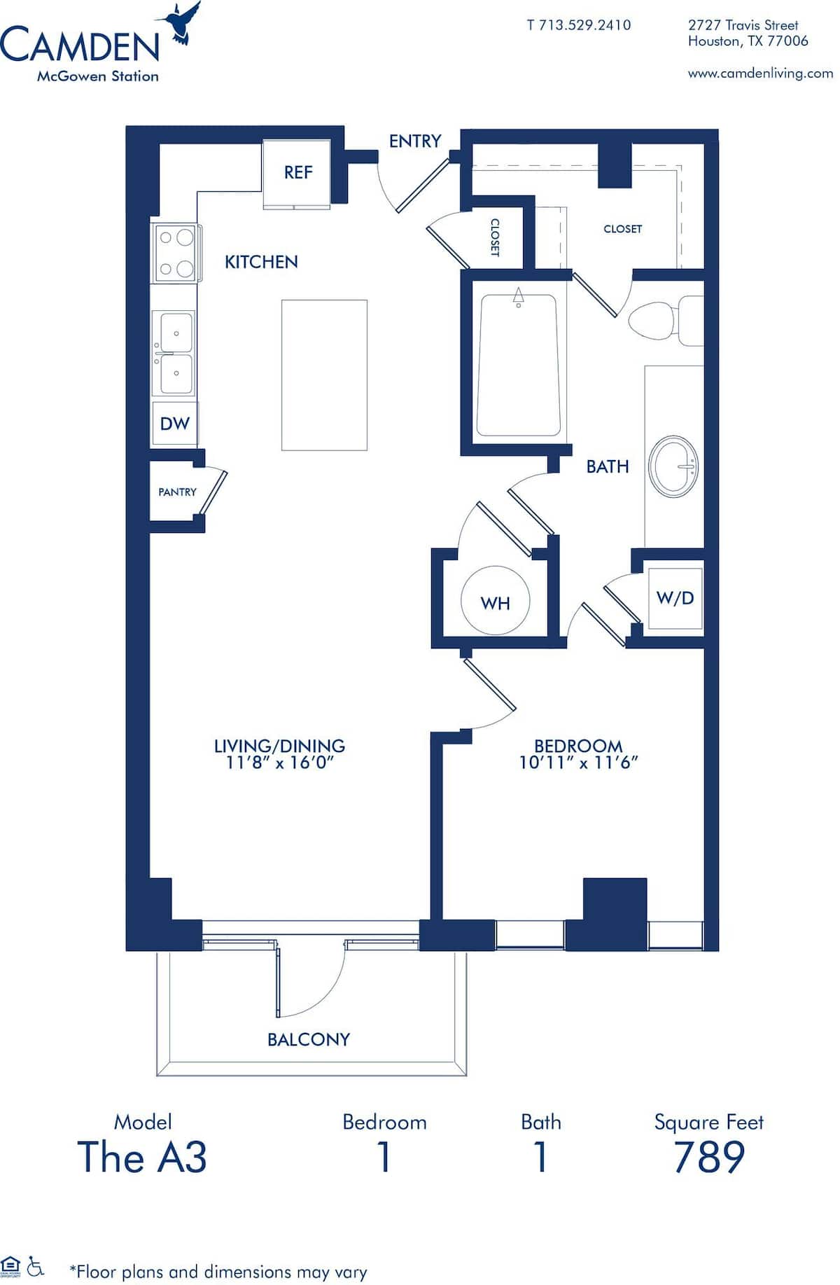 Floorplan diagram for A3, showing 1 bedroom