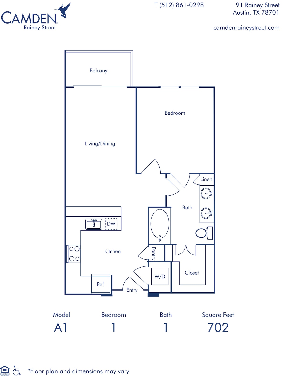 Diagram ng floorplan para sa A1, na nagpapakita ng 1 kuwarto