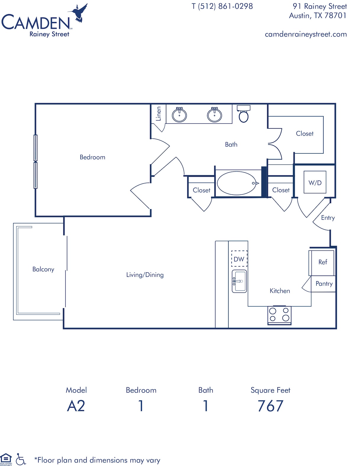 Diagram ng floorplan para sa A2, na nagpapakita ng 1 kuwarto