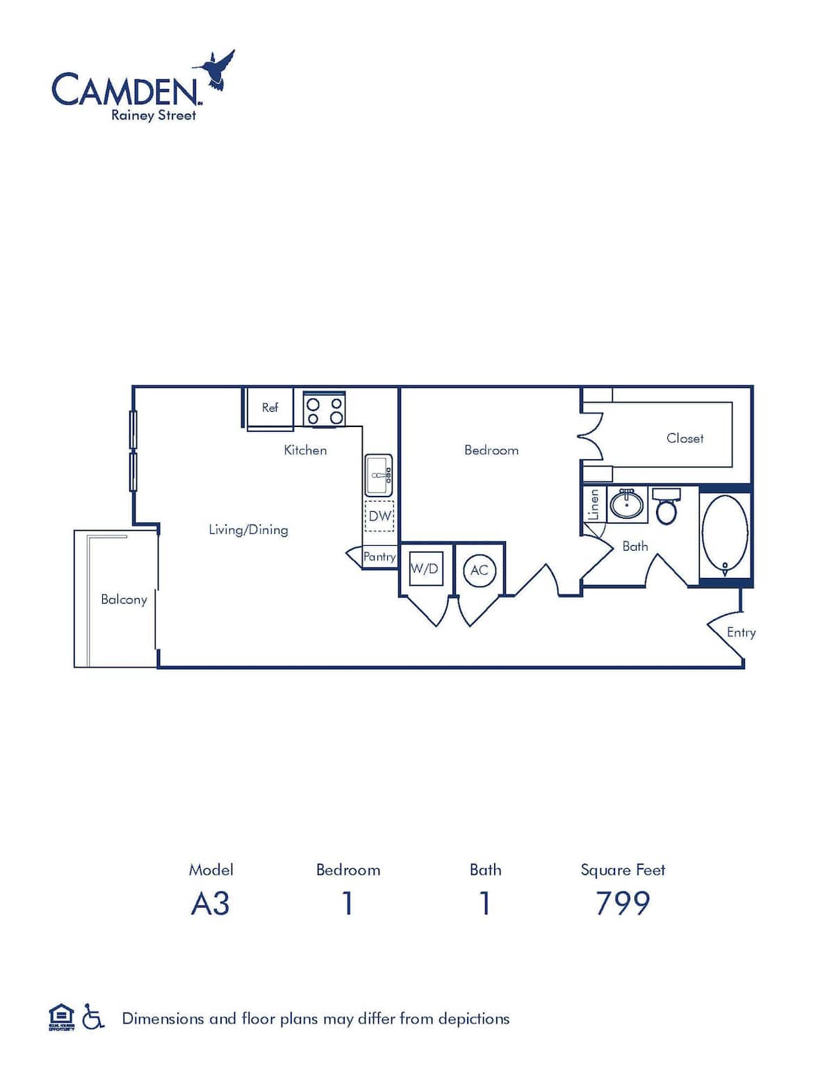 Floorplan diagram for A3, showing 1 bedroom