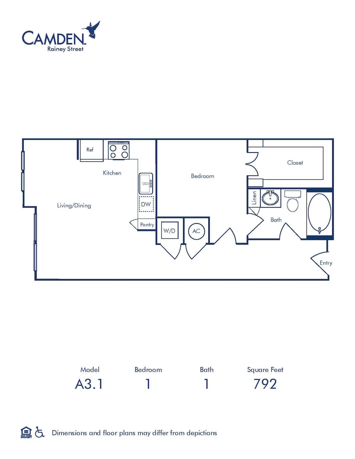 Floorplan diagram for A3.1, showing 1 bedroom