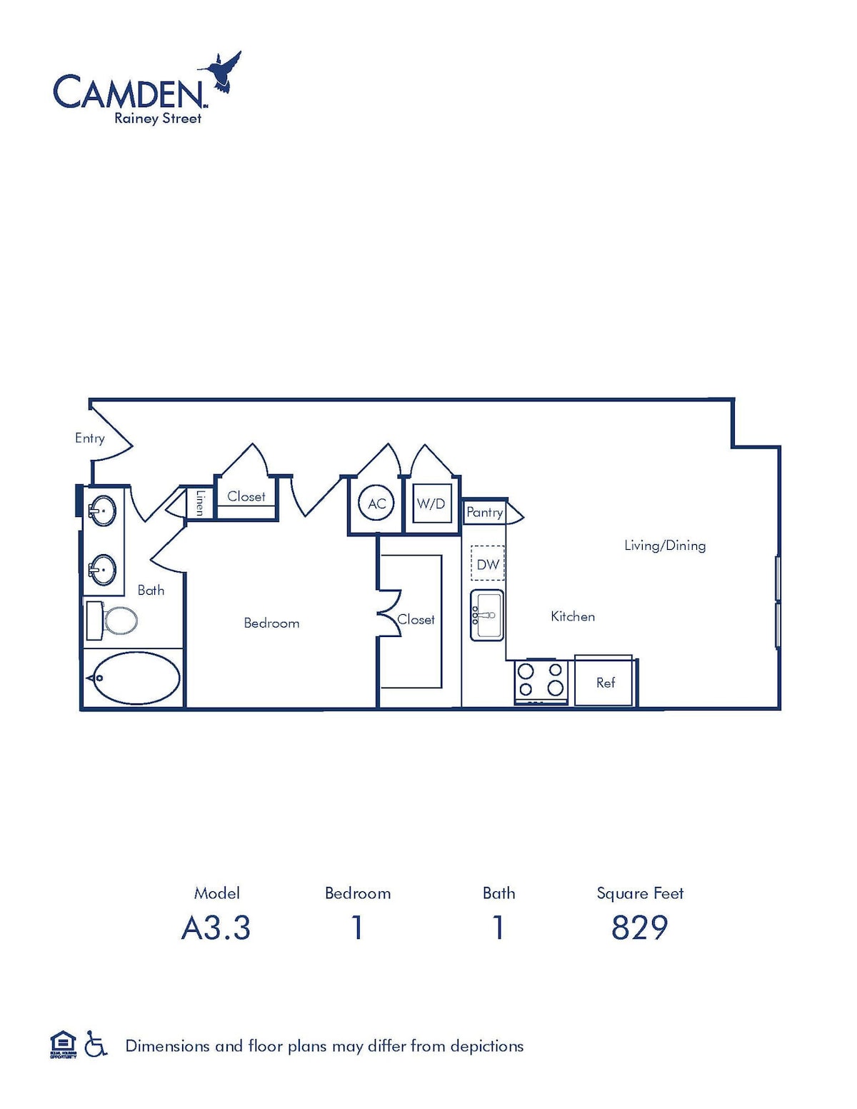 Diagram ng floorplan para sa A3.3, na nagpapakita ng 1 kuwarto