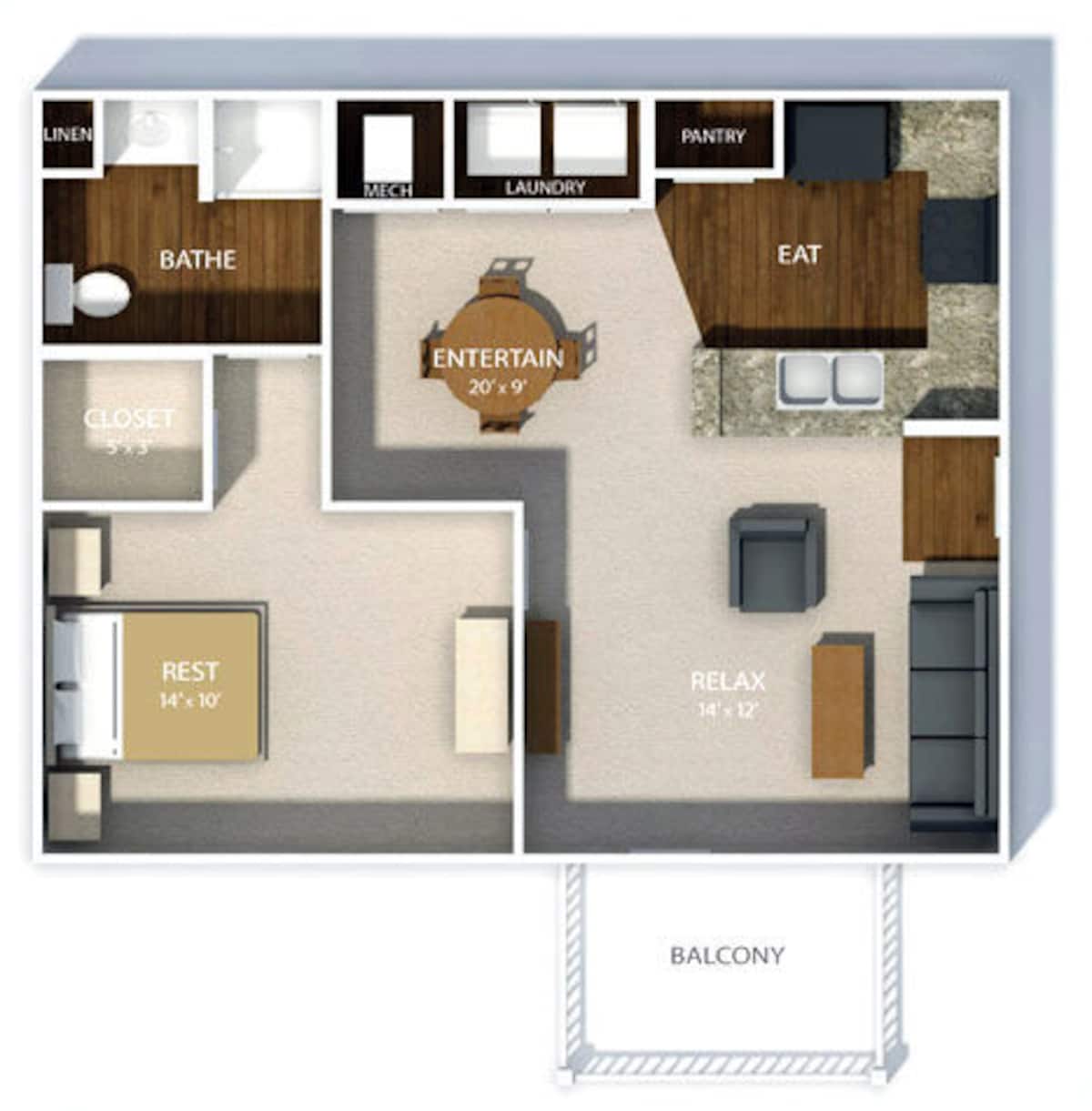Floorplan diagram for The Kensington, showing 1 bedroom
