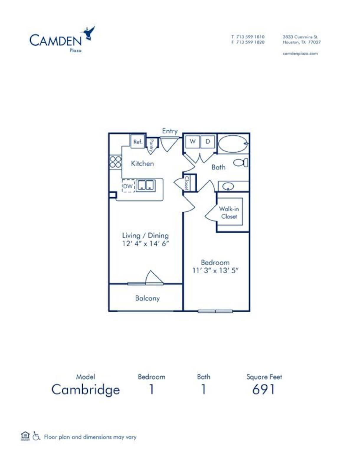 Floorplan diagram for Cambridge, showing 1 bedroom