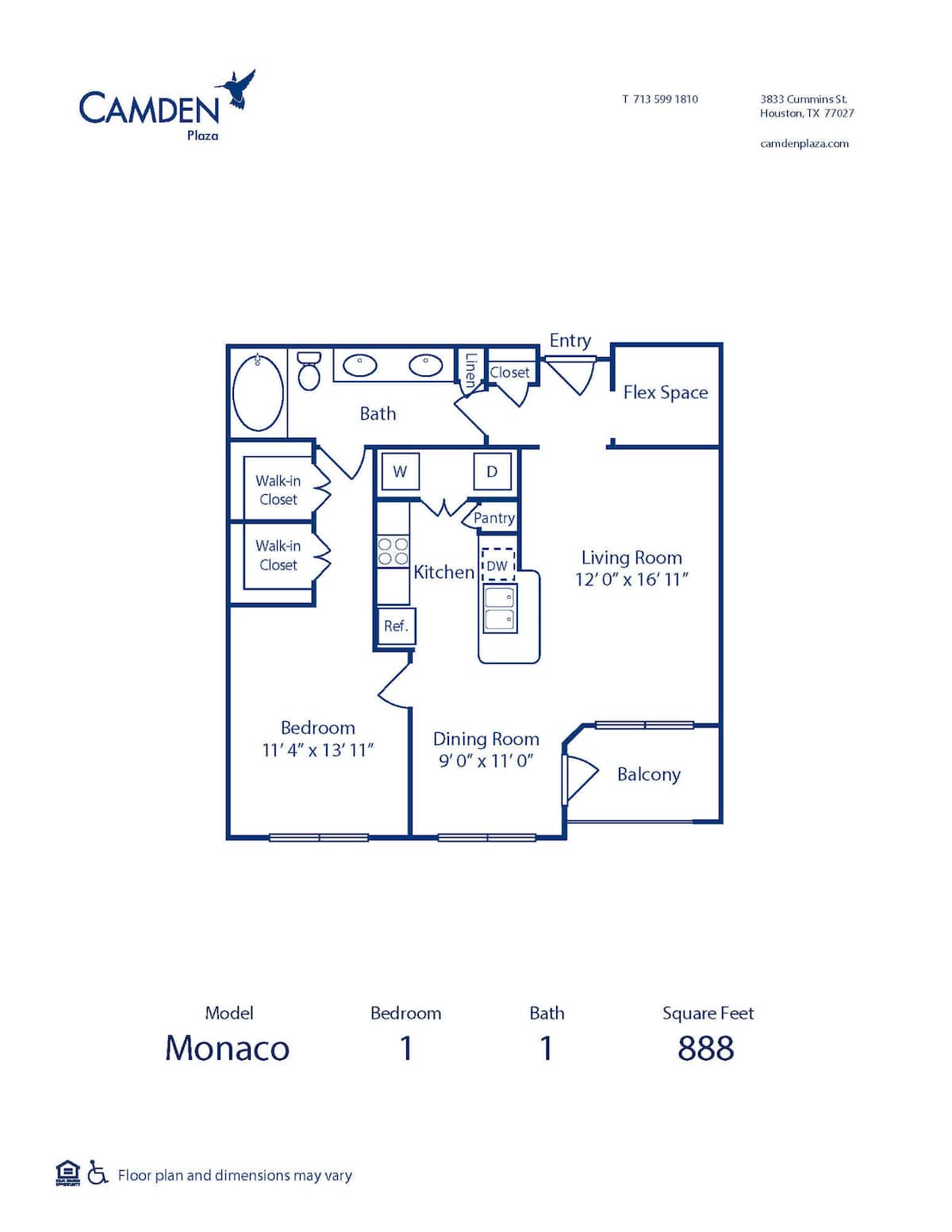 Floorplan diagram for Monaco, showing 1 bedroom
