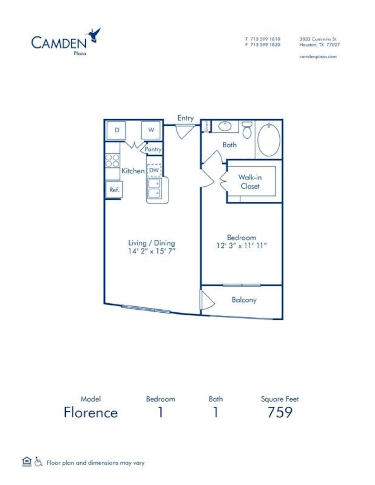 Floorplan diagram for Florence, showing 1 bedroom