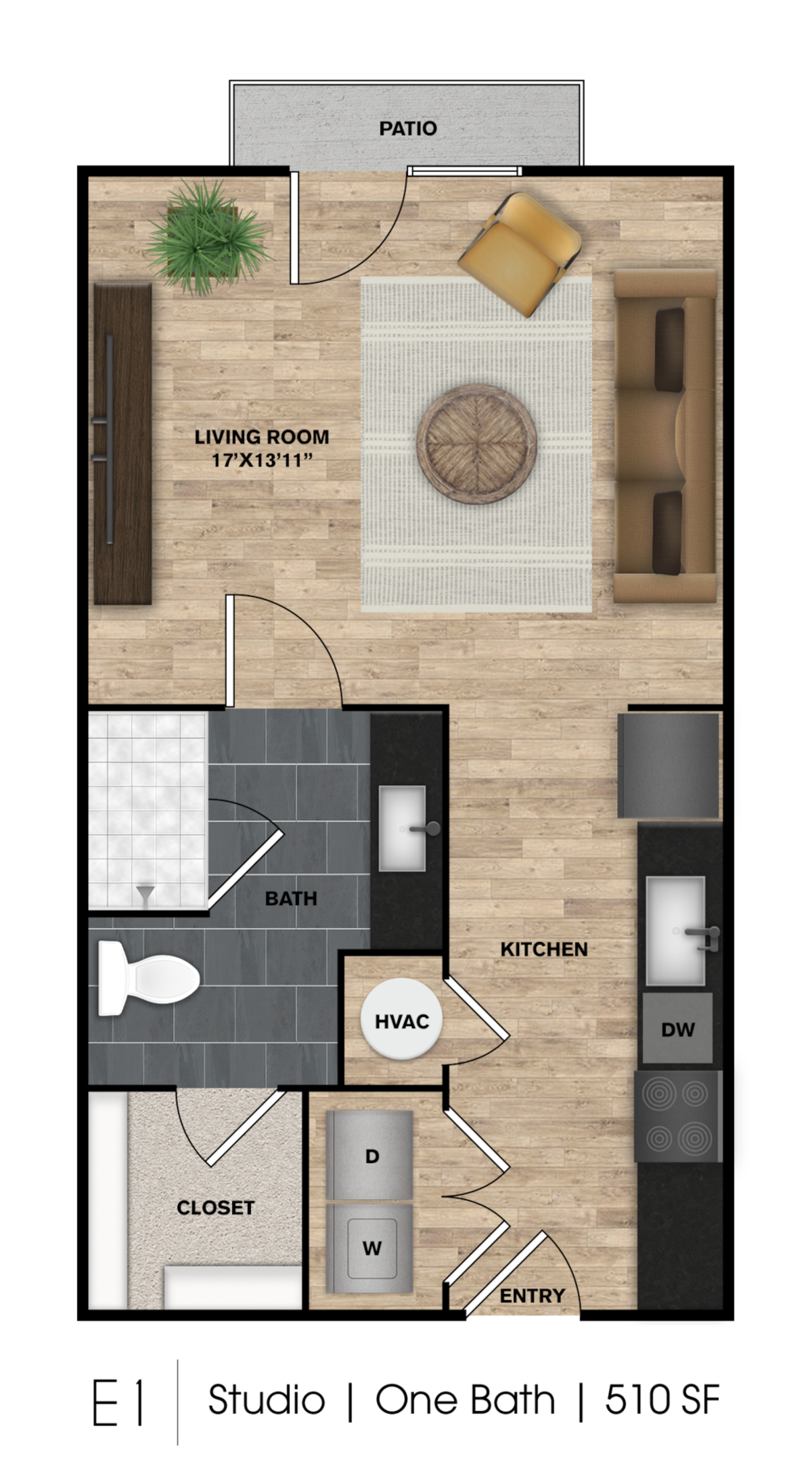 Floorplan diagram for E1, showing Studio