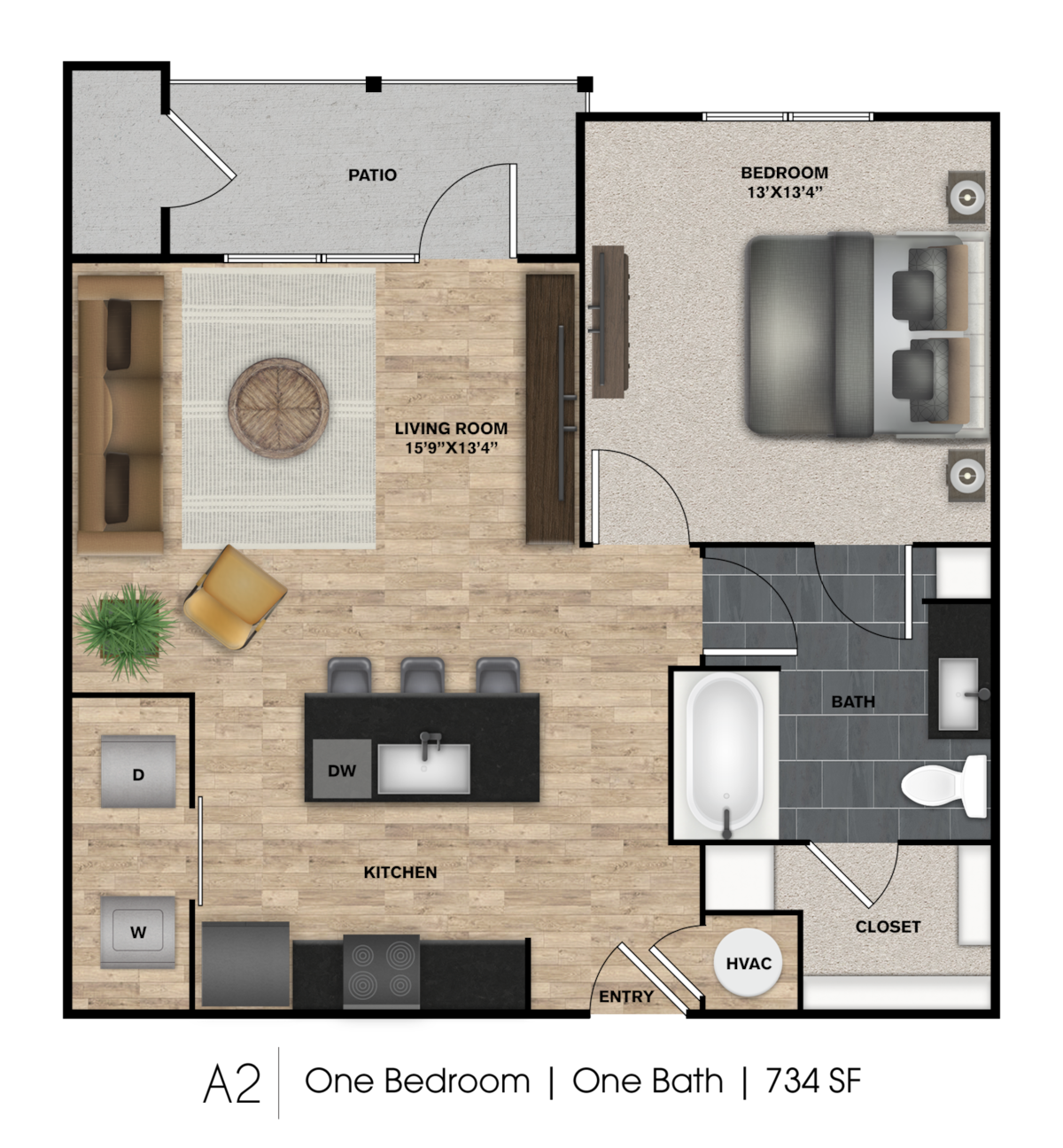 Floorplan diagram for A2, showing 1 bedroom