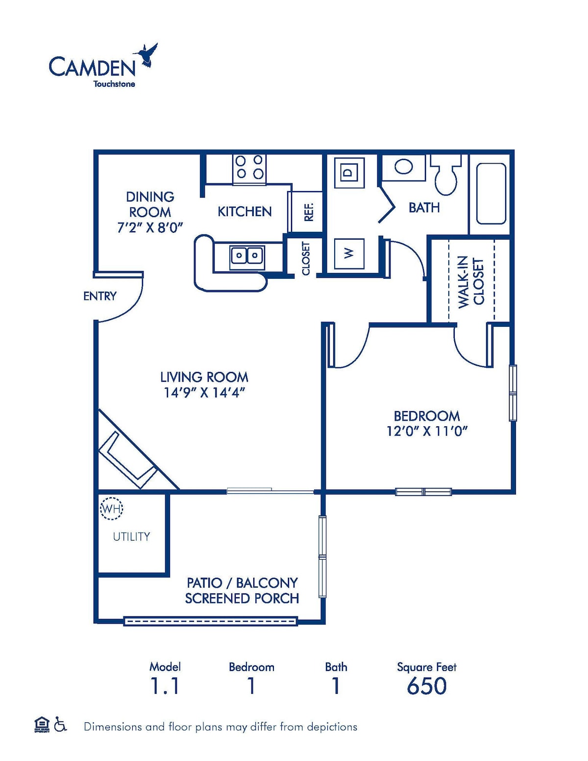 Floorplan diagram for 1.1, showing 1 bedroom