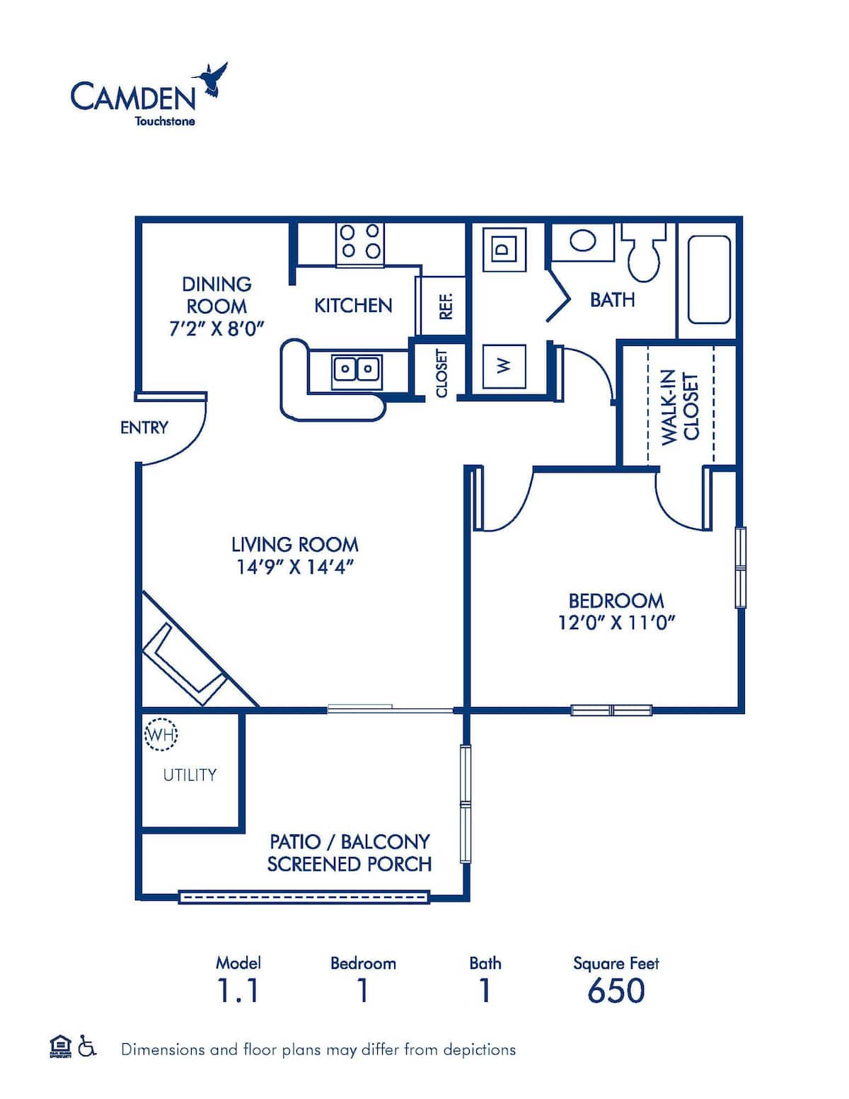 Floorplan diagram for 1.1, showing 1 bedroom
