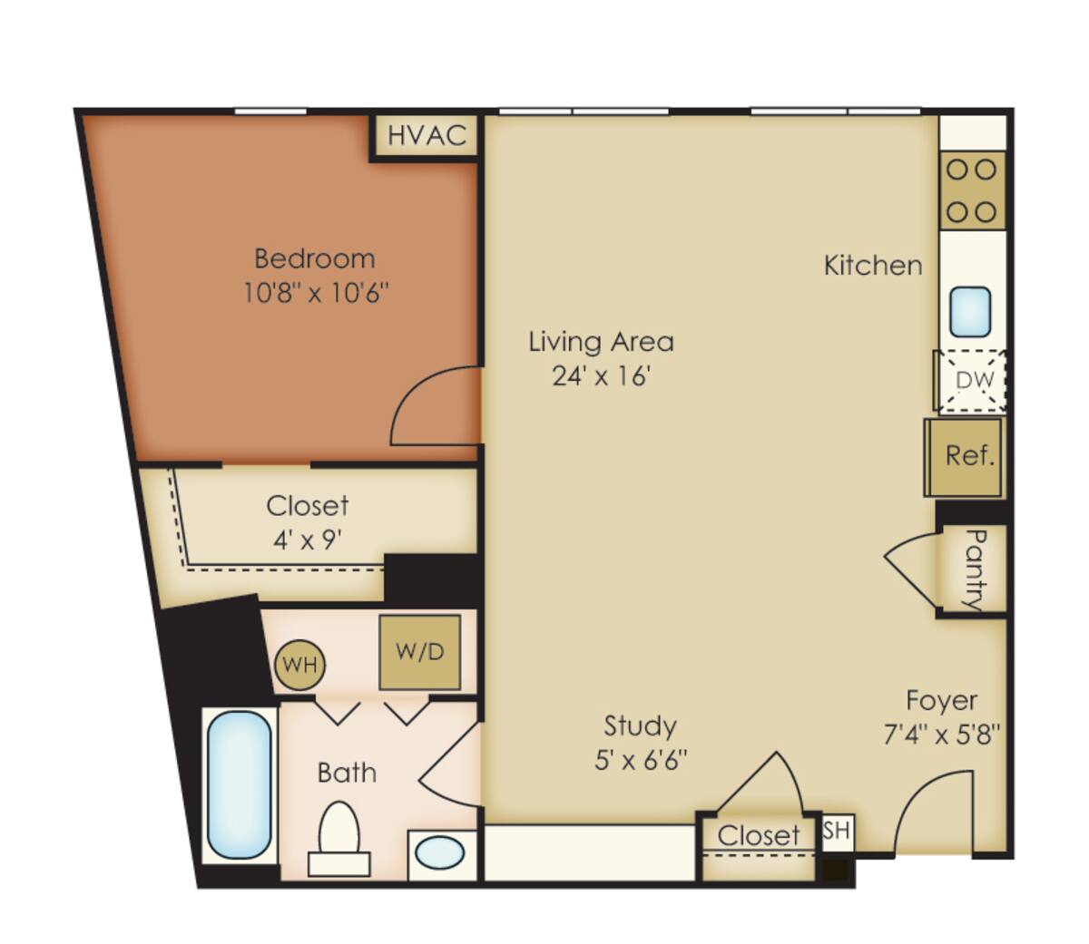 Floorplan diagram for D1, showing 1 bedroom
