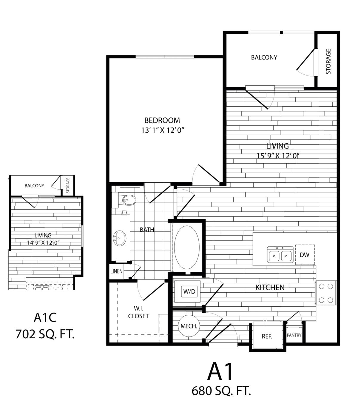 Floorplan diagram for A1C, showing 1 bedroom