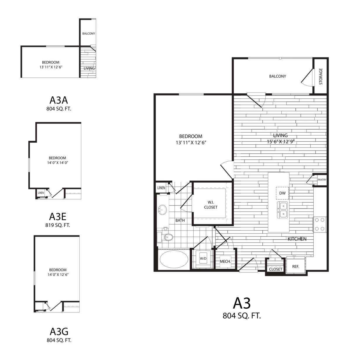 Floorplan diagram for A3A, showing 1 bedroom