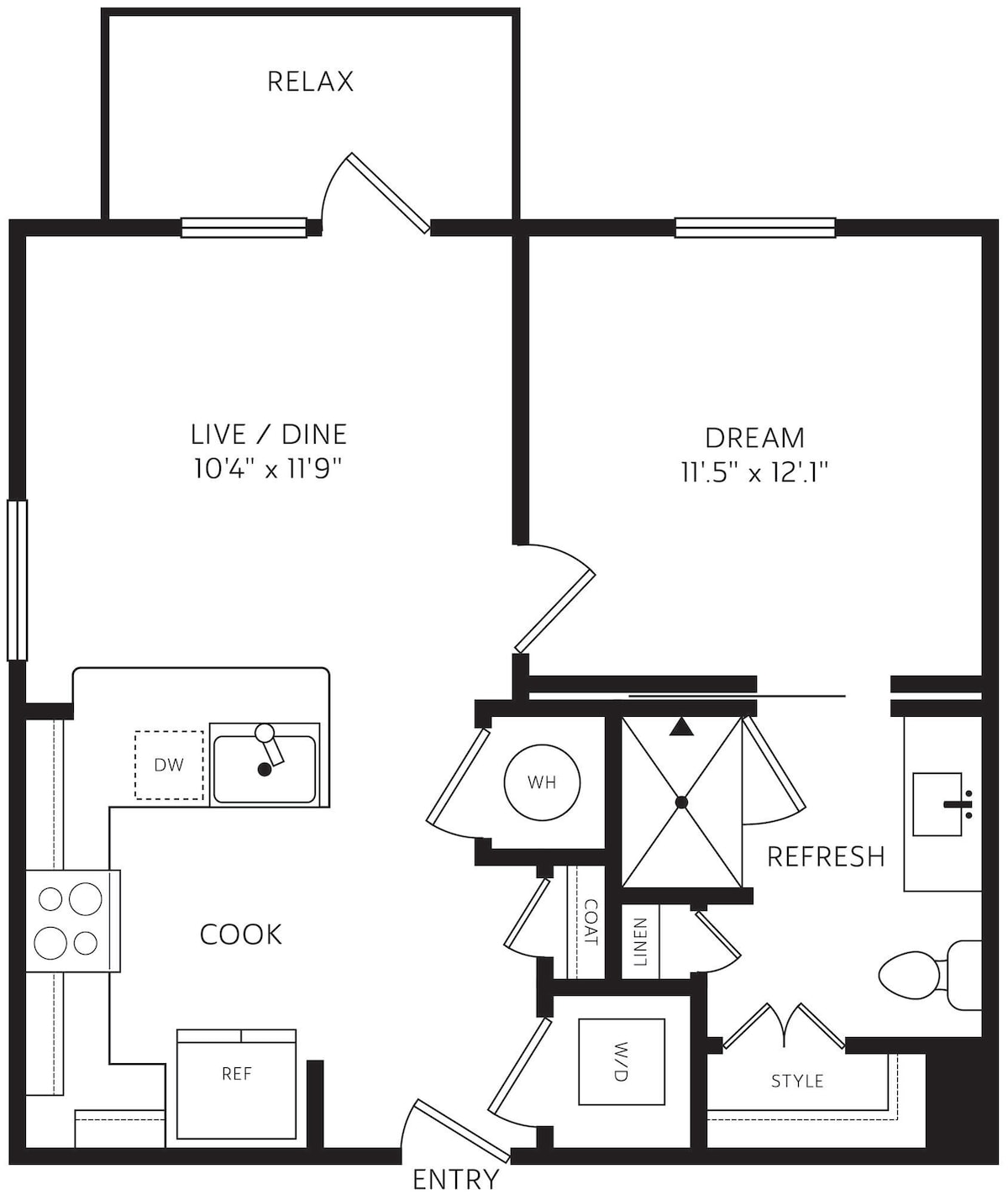Diagram denah lantai untuk E1, yang menunjukkan 1 kamar tidur