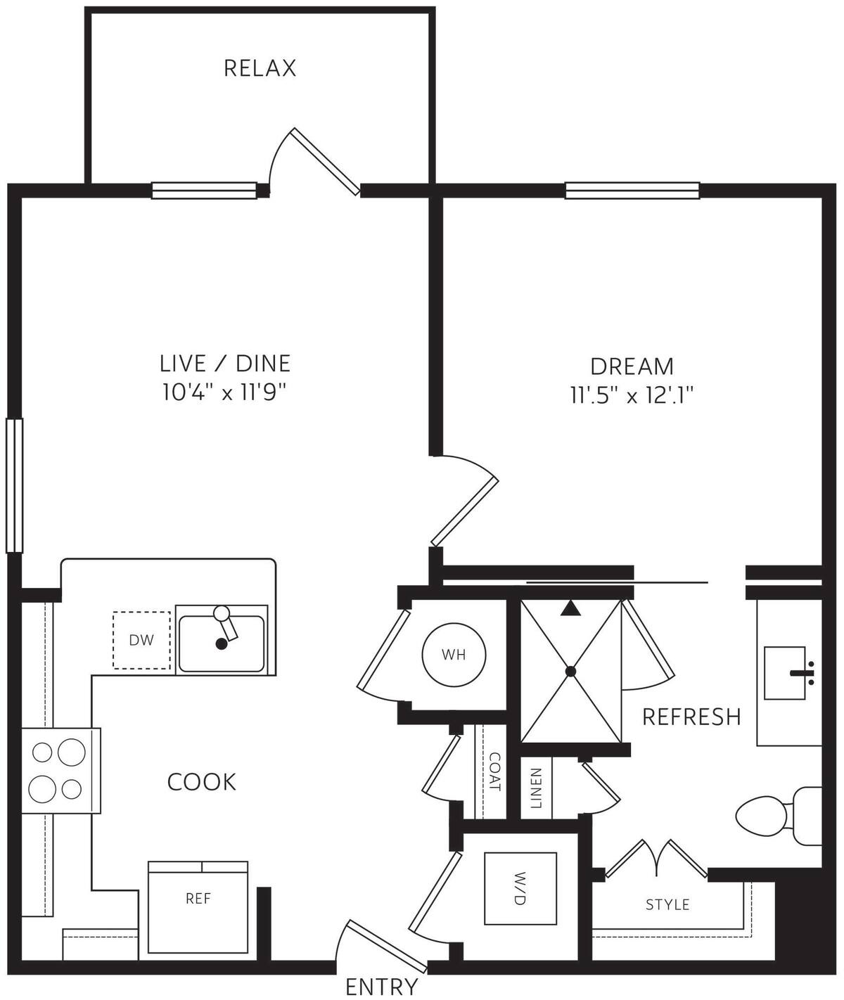 Floorplan diagram for E1, showing 1 bedroom