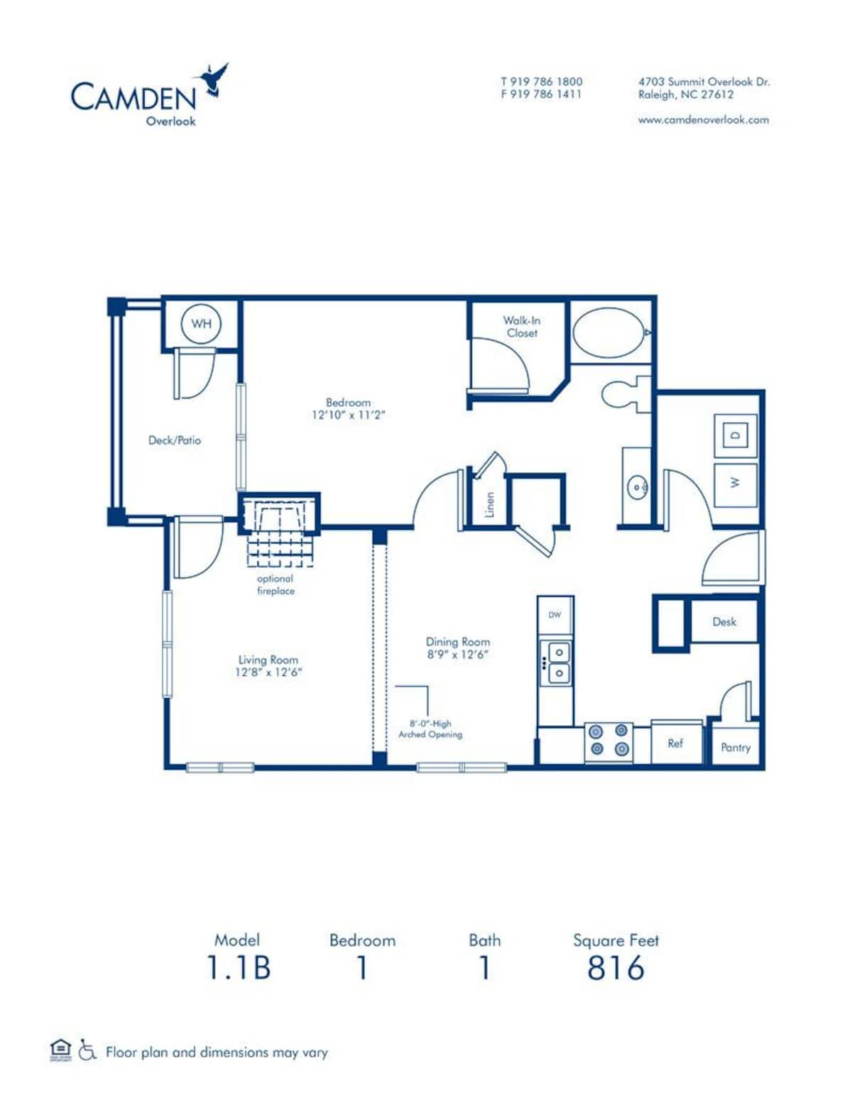 Floorplan diagram for 1.1B, showing 1 bedroom