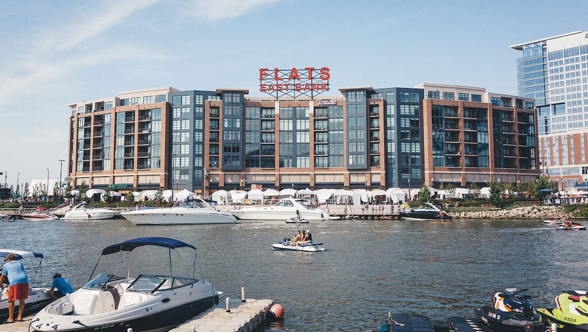 Exterior of The Flats at East Bank, an Airbnb-friendly apartment in Cleveland, OH