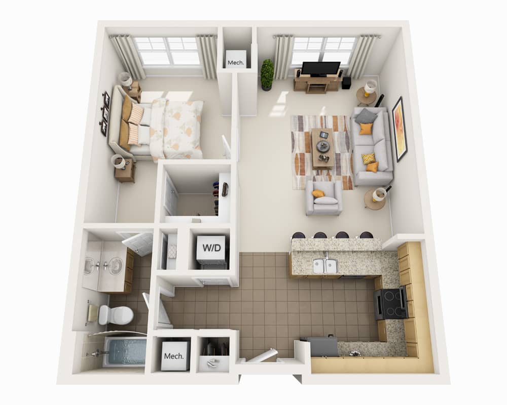 Diagrama del plano para One Bedroom A1C, que muestra 1 recámara