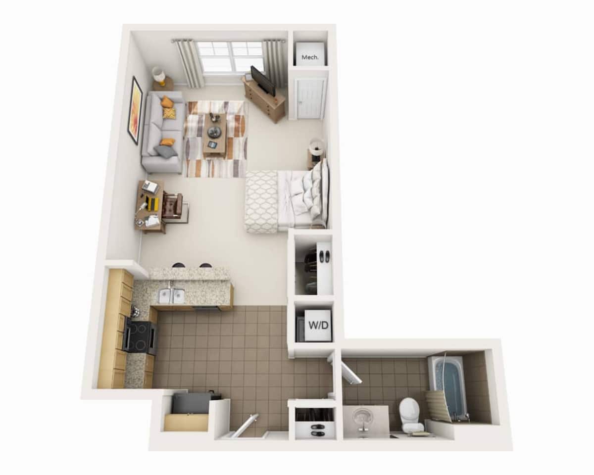 Floorplan diagram for Studio E1B, showing Studio