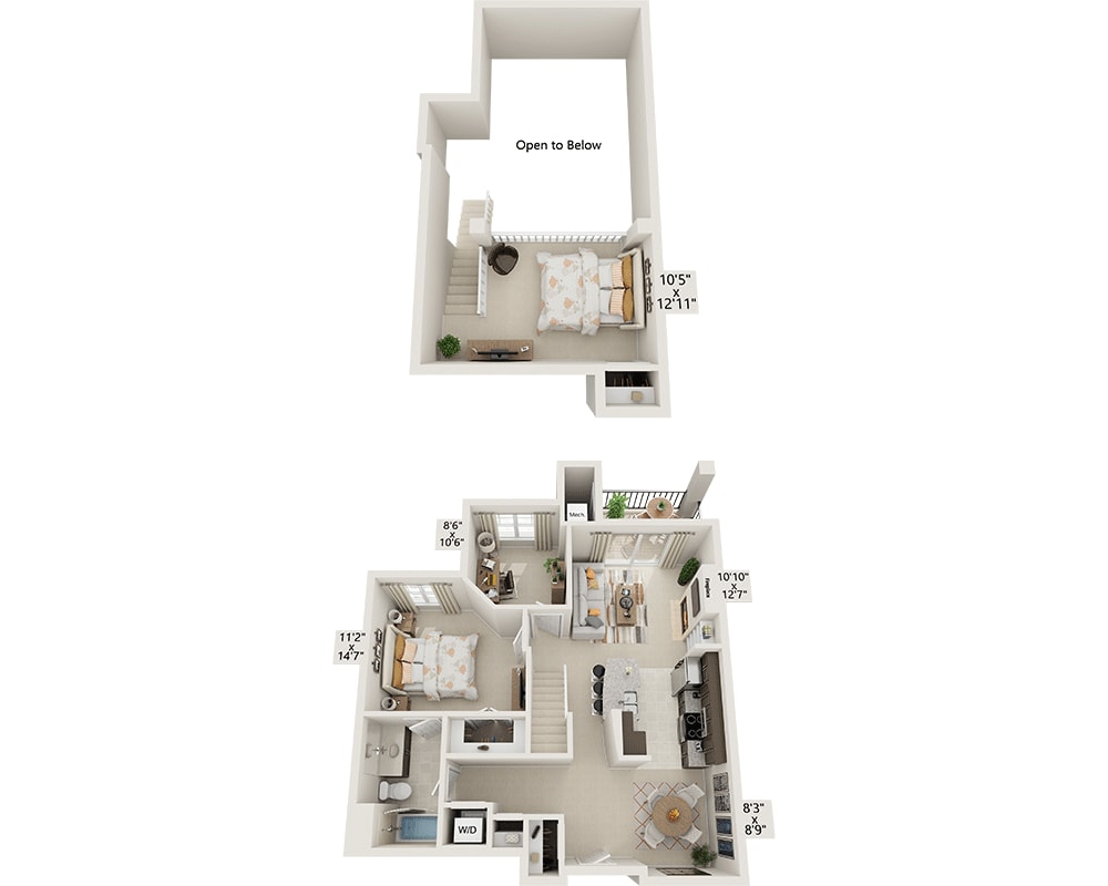 Diagrama del plano para One Bedroom with Loft A1KDL, que muestra 1 recámara