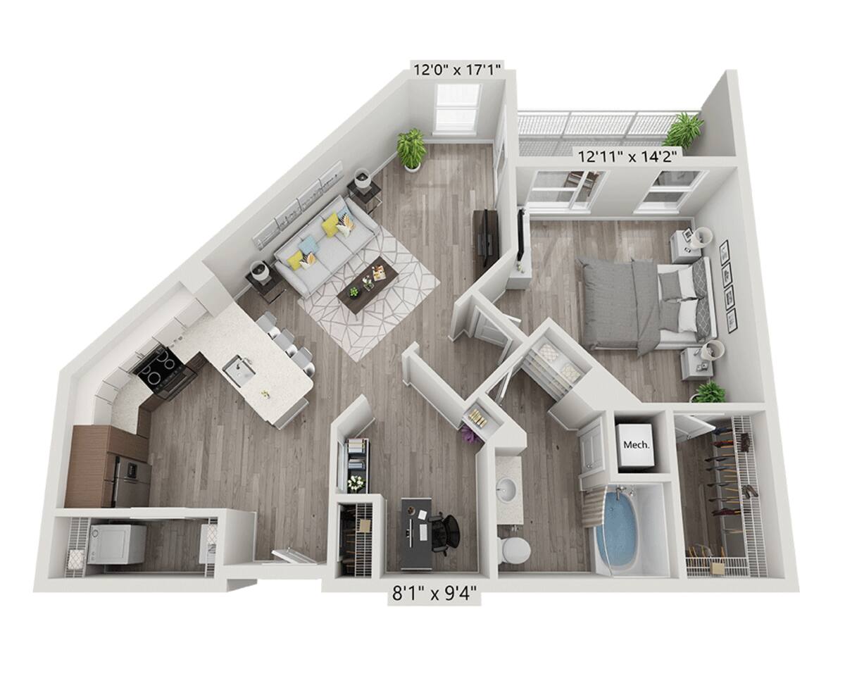 Floorplan diagram for One Bedroom A1AD, showing 1 bedroom