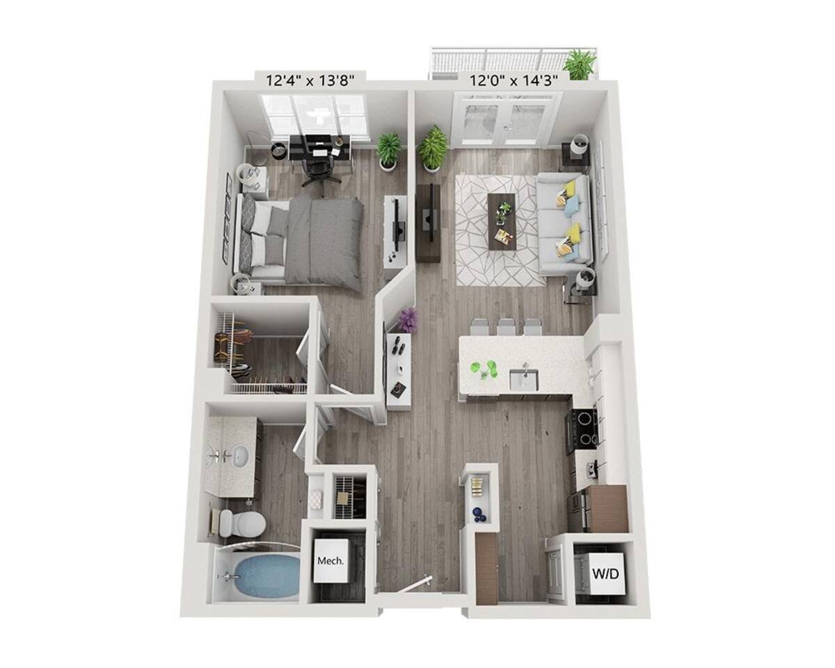 Floorplan diagram for One Bedroom A1K, showing 1 bedroom
