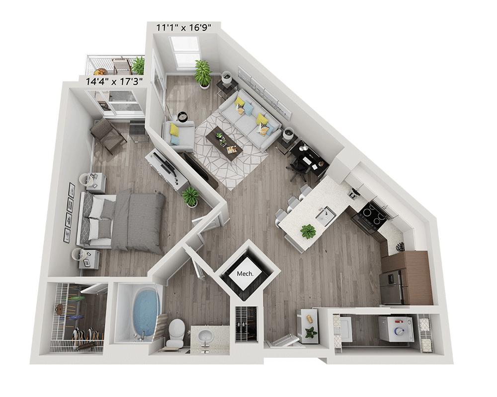 Plano de One Bedroom A1O (muestra 1 dormitorio)