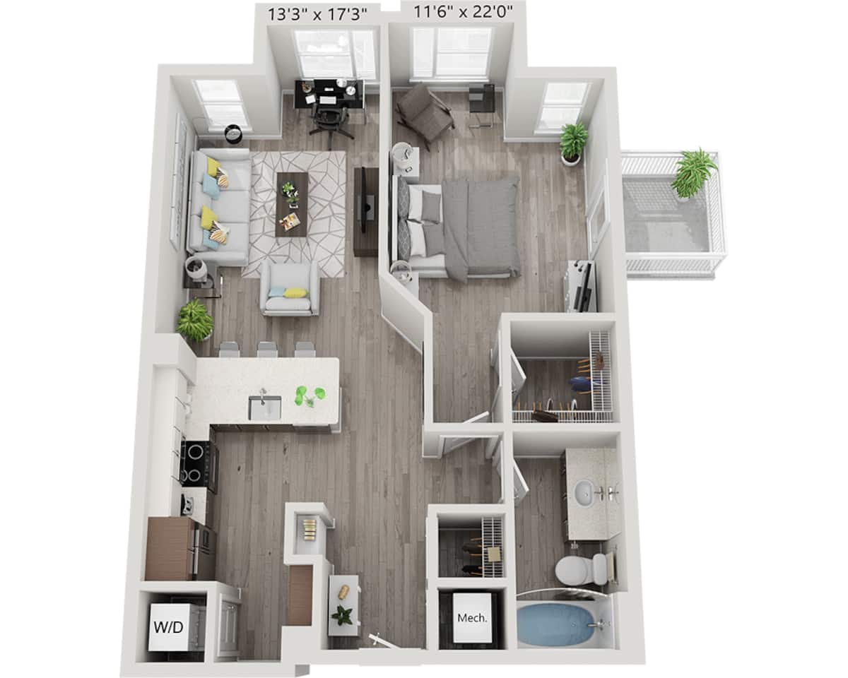 Floorplan diagram for One Bedroom A1R, showing 1 bedroom
