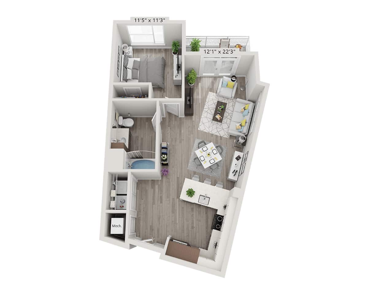 Floorplan diagram for One Bedroom A1T, showing 1 bedroom