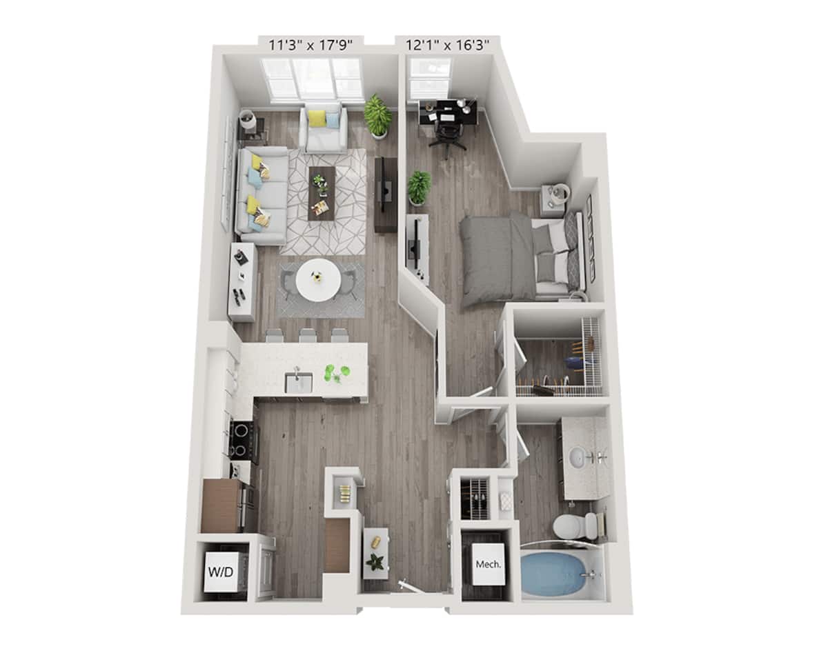 Floorplan diagram for One Bedroom A1U, showing 1 bedroom
