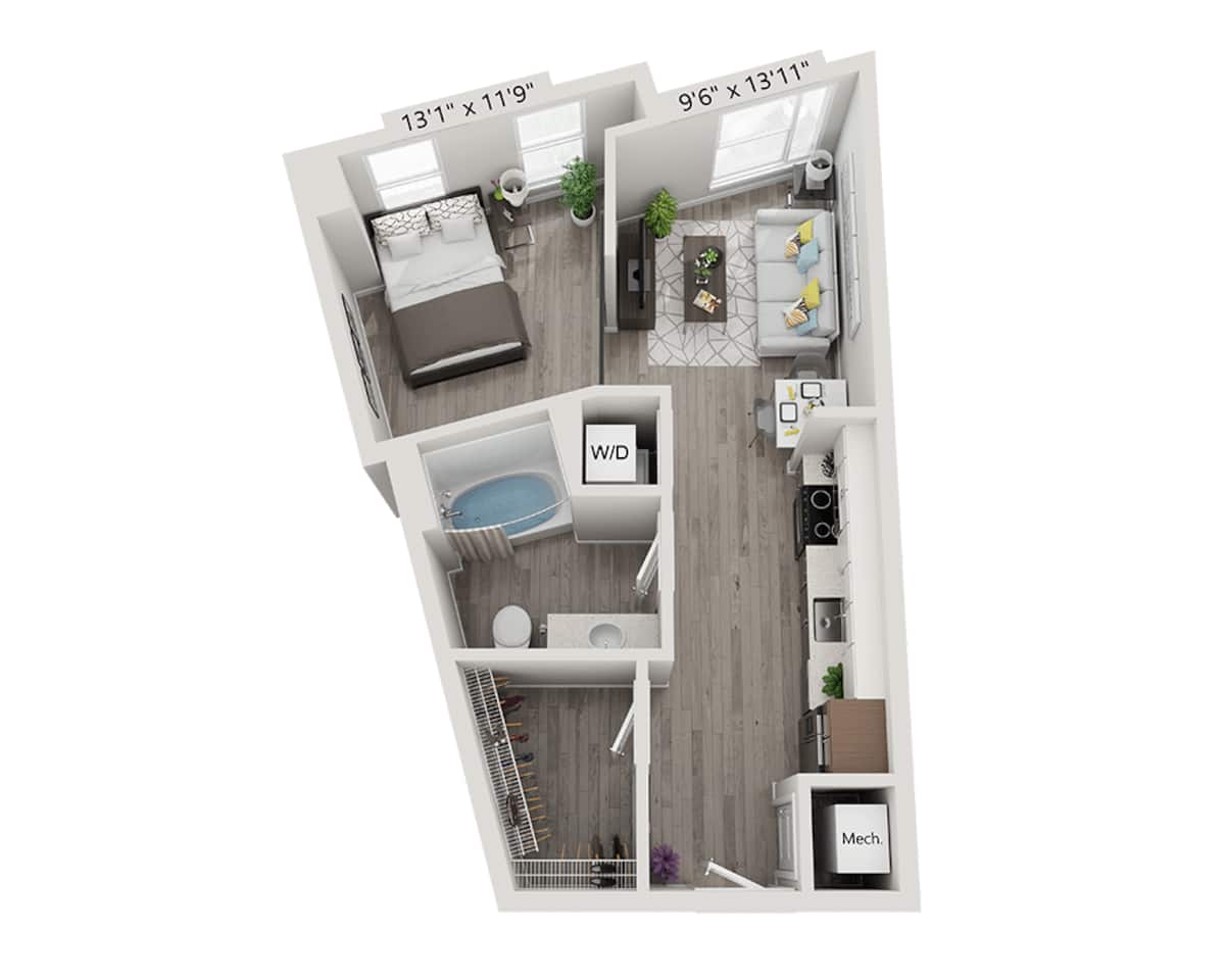 Floorplan diagram for Studio E1A, showing Studio