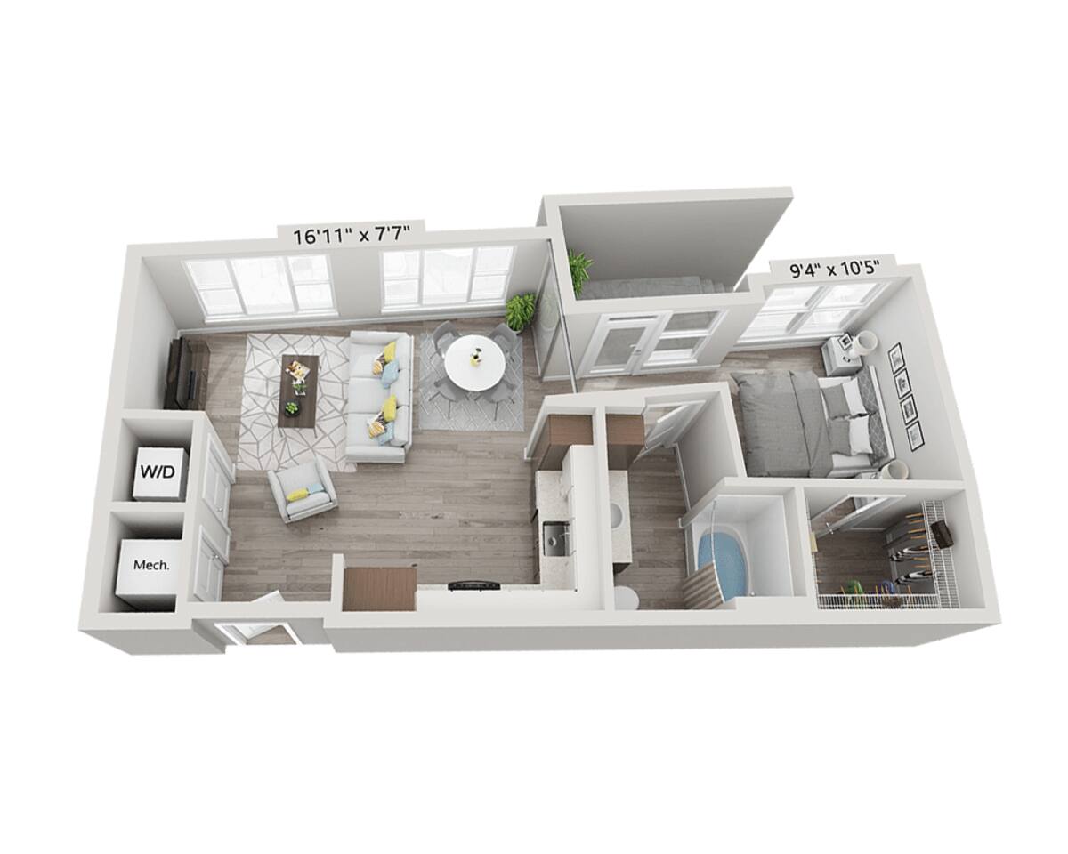 Floorplan diagram for Studio E1C, showing Studio